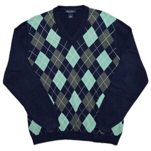 Brooks Brothers Pima Cotton V-neck Argyle Sweater Mens XL Hong Kong Blue Green